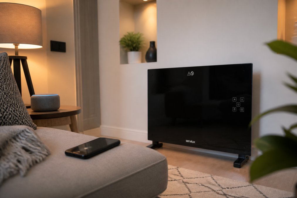 Modern living room with a smart speaker sitting on a side table next to a lamp, smart lighting fixtures visible on the walls, and a smartphone on the sofa armrest displaying a smart home control interface
