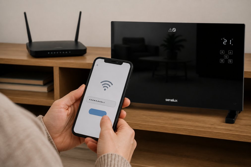 Close-up of hands holding a smartphone showing a smart home app interface, connecting a smart device with visible Wi-Fi setup screen, router visible in the background on a wooden shelf