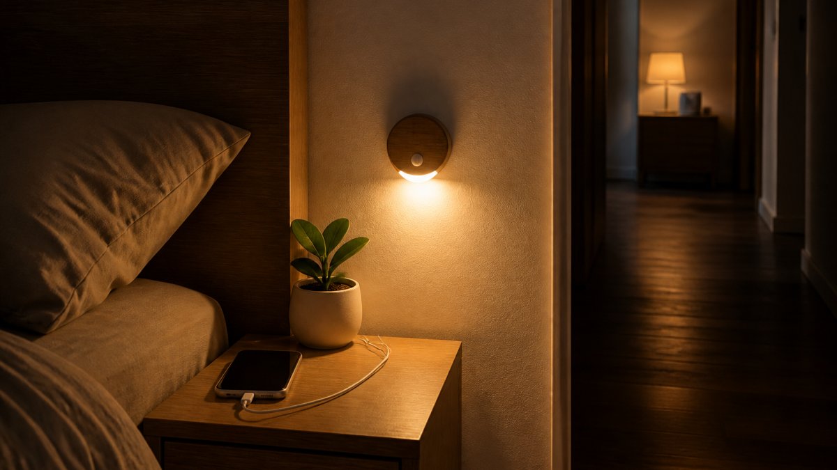 A warm, softly lit bedroom hallway at night with a small wood-style motion sensor night light glowing on the wall and a phone charging on a bedside stand nearby