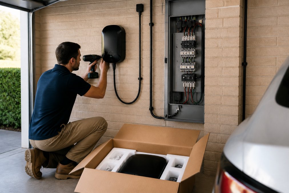 Licensed electrician completing a smart home EV charger setup on a residential garage wall