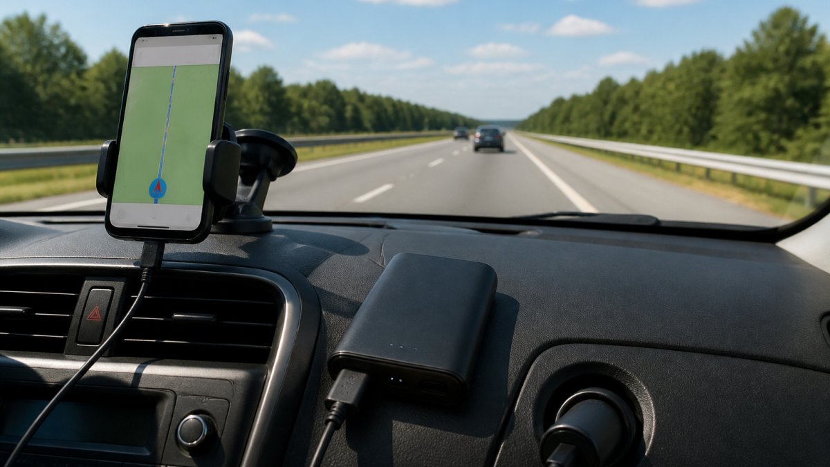 Infographic showing the essential smart gadgets for road trips setup on a car dashboard and power source