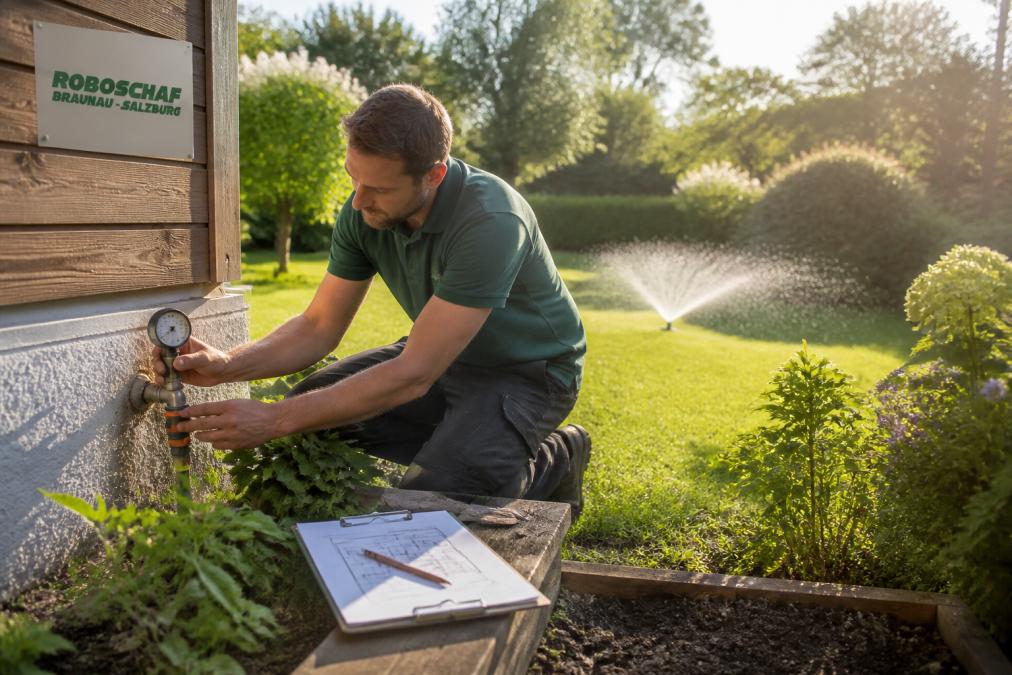 Ein Hausbesitzer kniet neben einem Gartenbeet und prüft mit einem Manometer den Wasserdruck am Außenwasserhahn, Notizblock mit Flächenskizze daneben, Nachmittagslicht im Garten