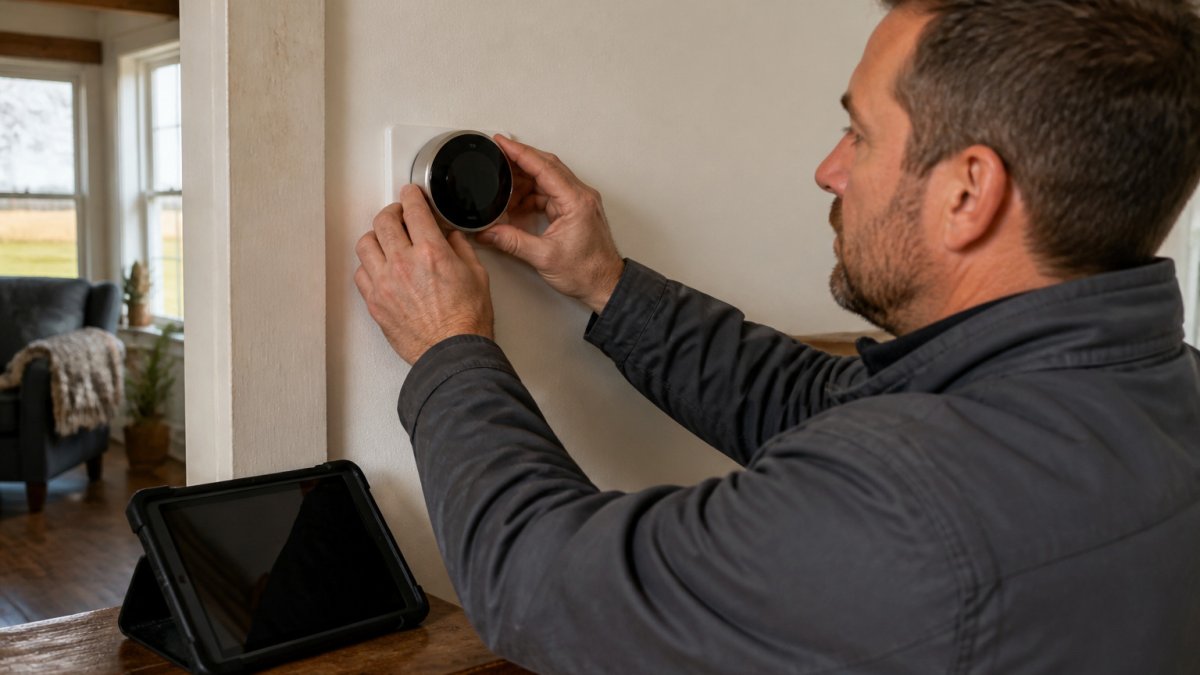 Step-by-step diagram of a smart home installation west in Michigan featuring a technician mounting a thermostat.