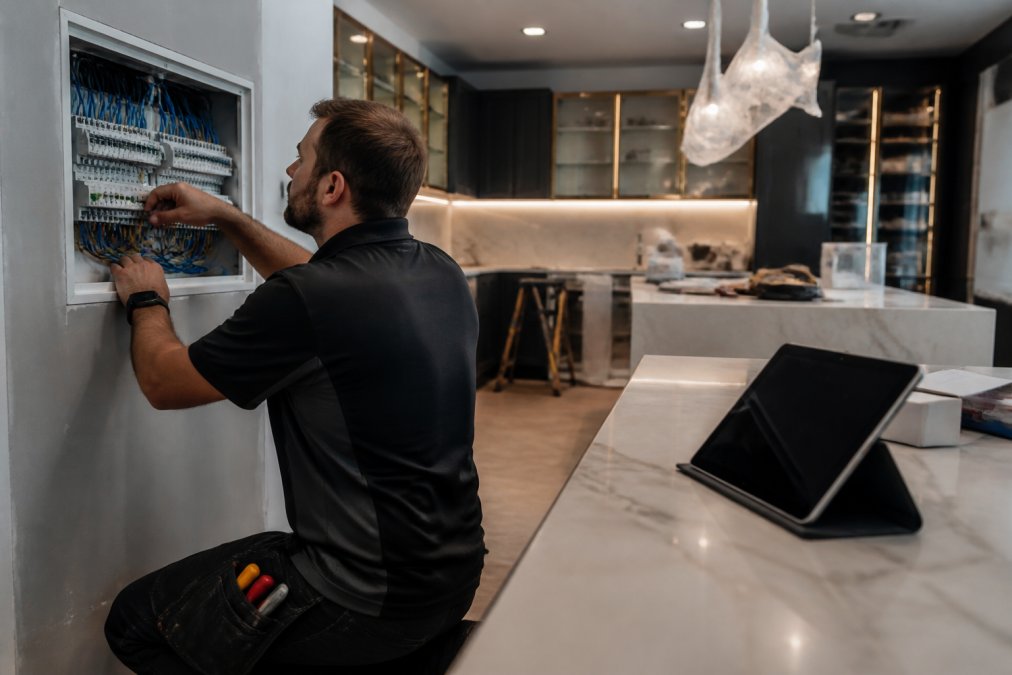 An electrician in a partially finished luxury kitchen, terminating cables into a wall-mounted distribution board while a tablet showing a home control app sits on a nearby worktop