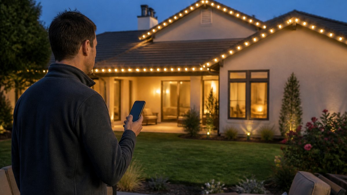 A homeowner standing on a patio at dusk, holding a smartphone and speaking a voice command to control warm white permanent holiday lights glowing along the roofline of a suburban house