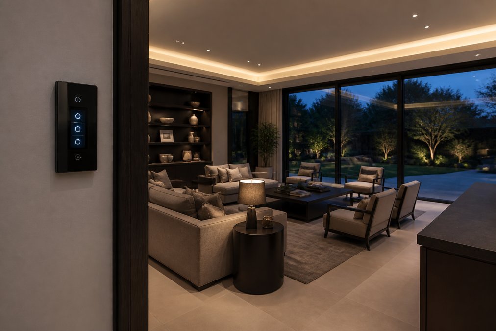 A modern luxury living room at dusk with layered lighting scenes, a flush wall-mounted smart control panel beside a doorway, and floor-to-ceiling windows overlooking a garden