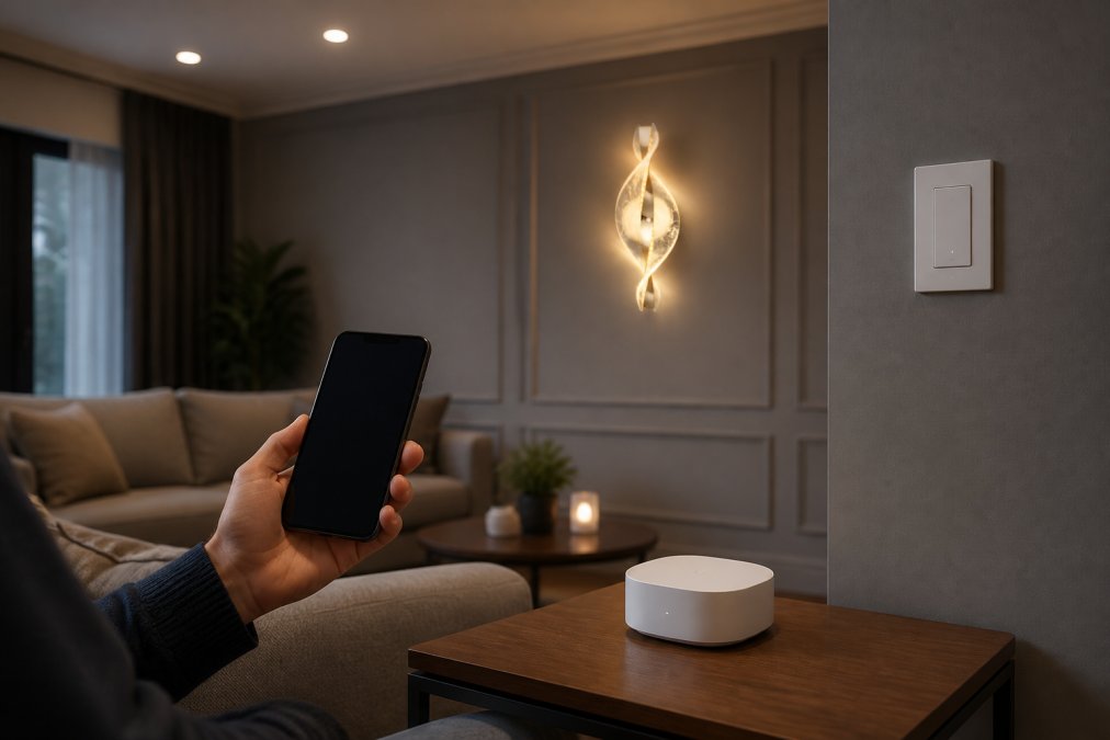 Modern living room with ceiling-mounted smart light fixtures and wall-mounted smart dimmer switches connected to a central hub device on a side table, with smartphone displaying control interface