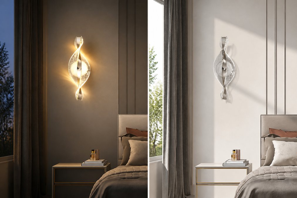 Bedroom interior showing warm amber-toned smart lighting in evening ambiance and bright cool-toned lighting in morning, with windows showing natural daylight progression throughout the day