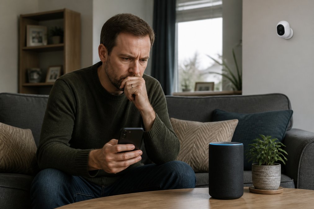 A homeowner sitting on a sofa looking at their smartphone with a concerned expression, while a smart speaker and indoor camera are visible in the background of a typical British living room