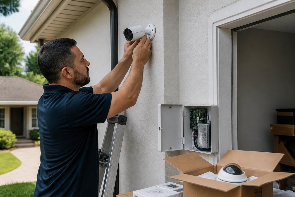 Professional technician installing a security camera on the exterior wall of a residential home, with mounting bracket, wiring, and control panel visible in the background during daylight