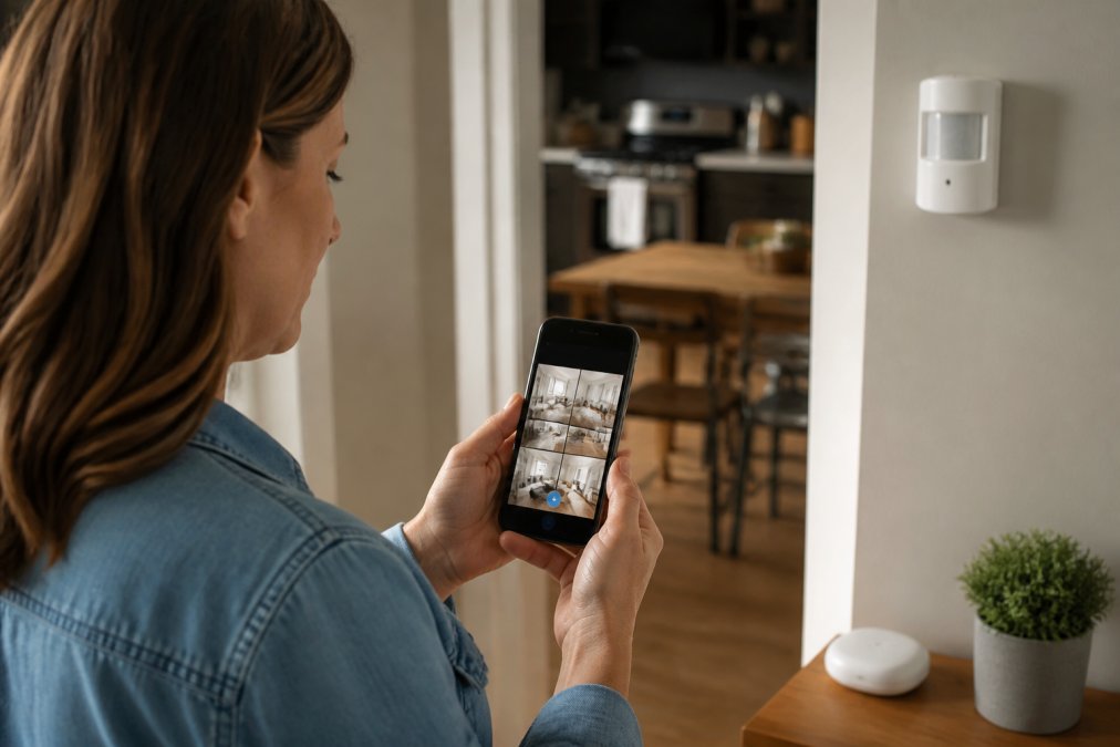 Homeowner reviewing smartphone app displaying real-time security camera feeds and water leak sensor status from multiple rooms in their home