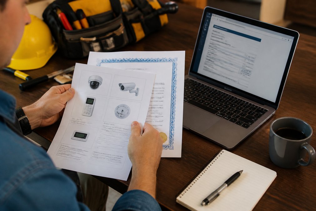 Person holding security system installation documentation and certification paperwork next to a laptop displaying their active homeowners insurance policy and monitoring service confirmation