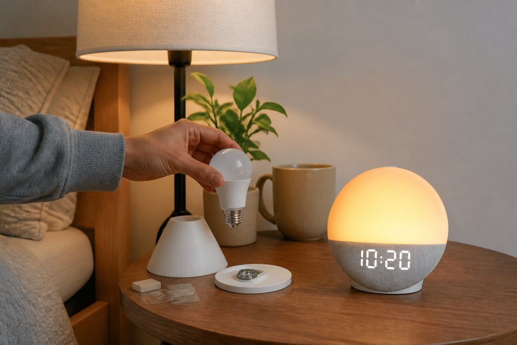 Person's hand adjusting a smart bulb in a lamp fixture inside an apartment bedroom with warm ambient lighting and white walls
