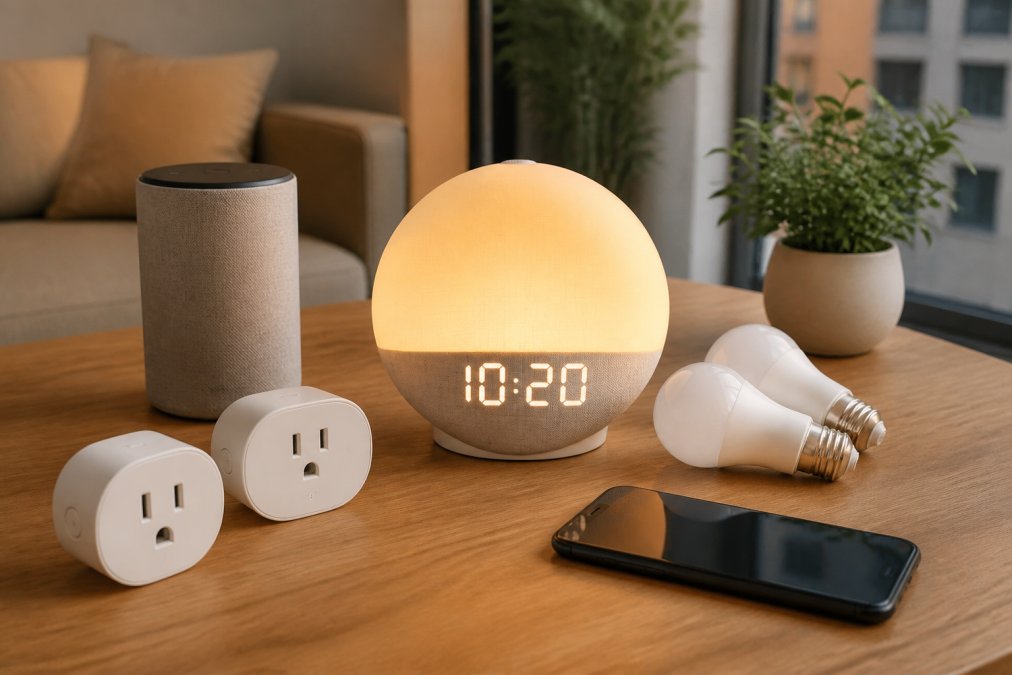 Flat lay of smart home devices arranged on a wooden table in an apartment setting: smart speaker, smart plugs, smart bulbs, and a smartphone displaying a smart home app with warm natural lighting