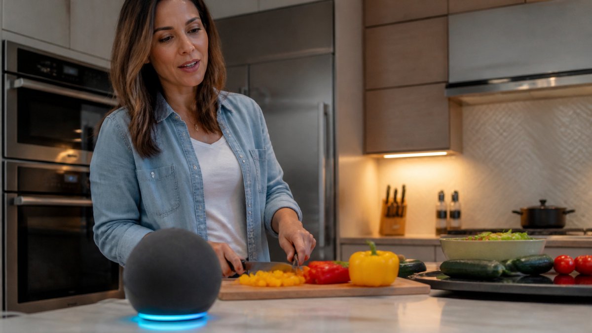 Homeowner using voice-activated smart home technology for bespoke kitchens to control appliances while cooking.