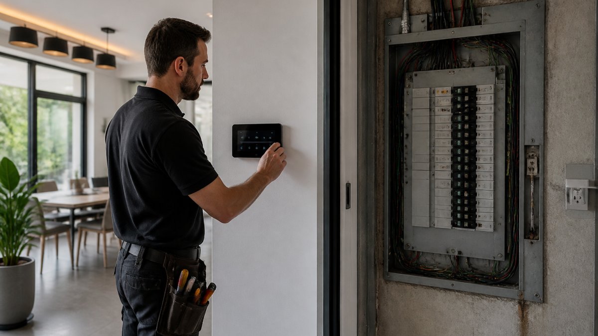 Professional electrician examining smart home control panel mounted on wall, with modern LED lighting visible in background, natural daylight streaming through windows