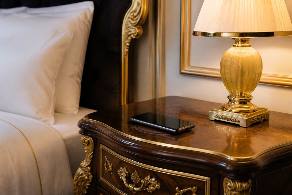 Elegantes Luxushotelzimmer mit barockem Nachttisch aus Massivholz, in dessen Oberfläche ein induktives Ladefeld eingelassen ist; daneben eine warm leuchtende, indirekt gesteuerte Tischlampe mit Goldakzenten und ein Smartphone, das kabellos lädt