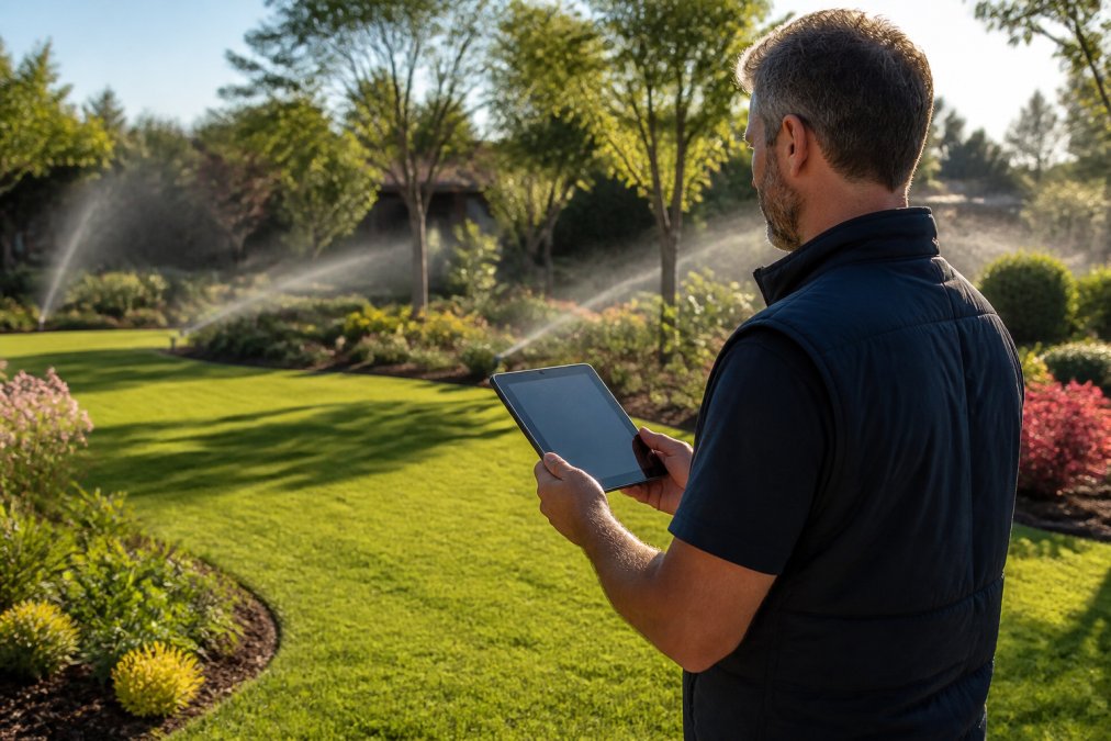 Commercial property manager viewing irrigation system data on a tablet while standing in a landscaped garden with manicured turf, green shrubs, and flowering plants visible in background, morning sunlight