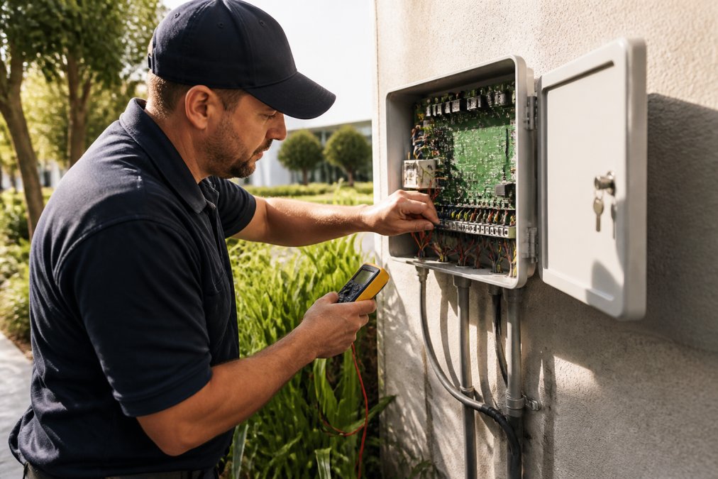 Qualified irrigation technician inspecting a commercial smart controller unit mounted on building exterior wall, hands adjusting sensor connections with diagnostic tools visible, afternoon natural lighting