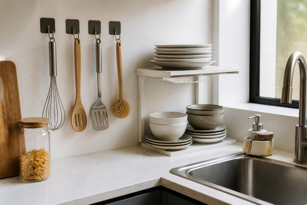 Compact kitchen worktop featuring smart kitchen gadgets like wall hooks, shelf organizers, and a soap brush.