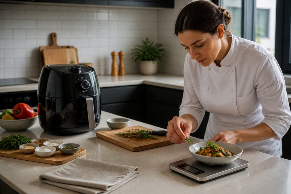 Professional preparing a meal in a modern kitchen using a smart air fryer and precision scale, with an organized countertop and tablet displaying a recipe nearby