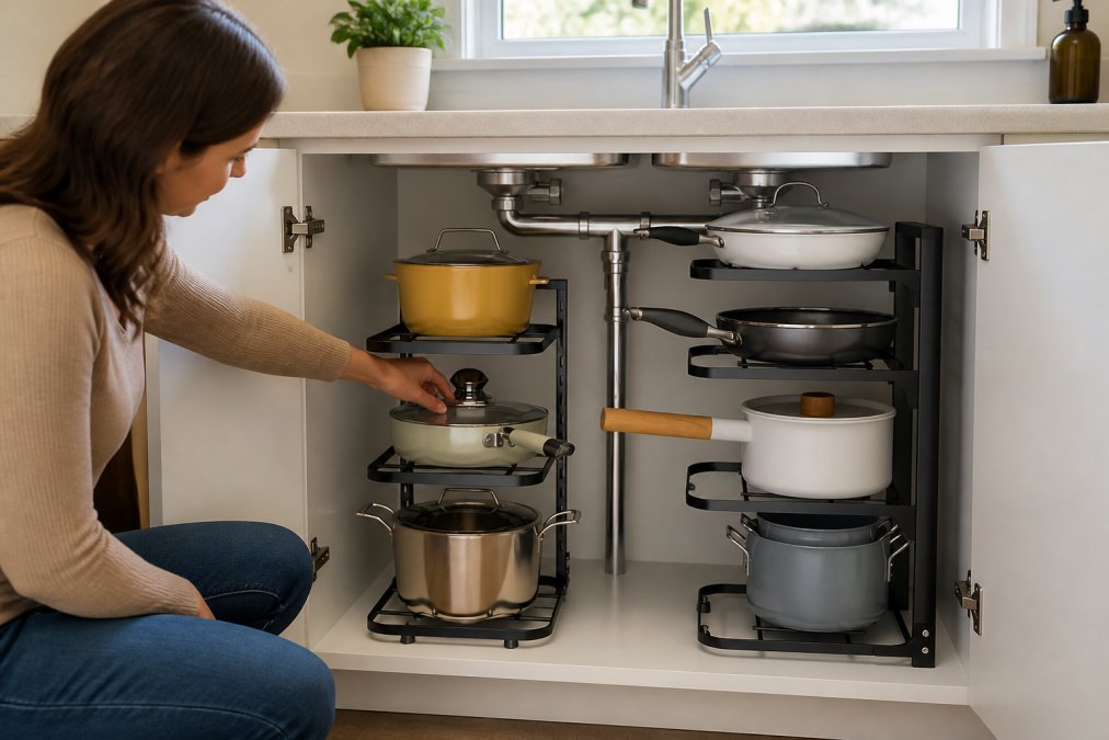 Modern kitchen with open base cabinet showing adjustable pull-out drawer organizers filled with neatly arranged cookware, metal pans, and kitchen tools, with a person's hand reaching for a specific item, natural morning light from window