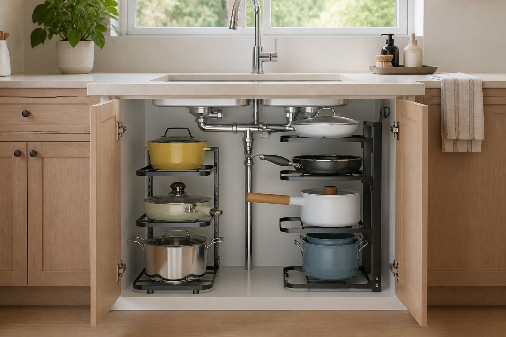 Compact kitchen sink area with sleek metal pull-out organizers beneath the sink, waterproof surfaces showing organized cleaning supplies and kitchen essentials, soft natural light, clean countertop with minimal items visible, Scandinavian minimalist aesthetic