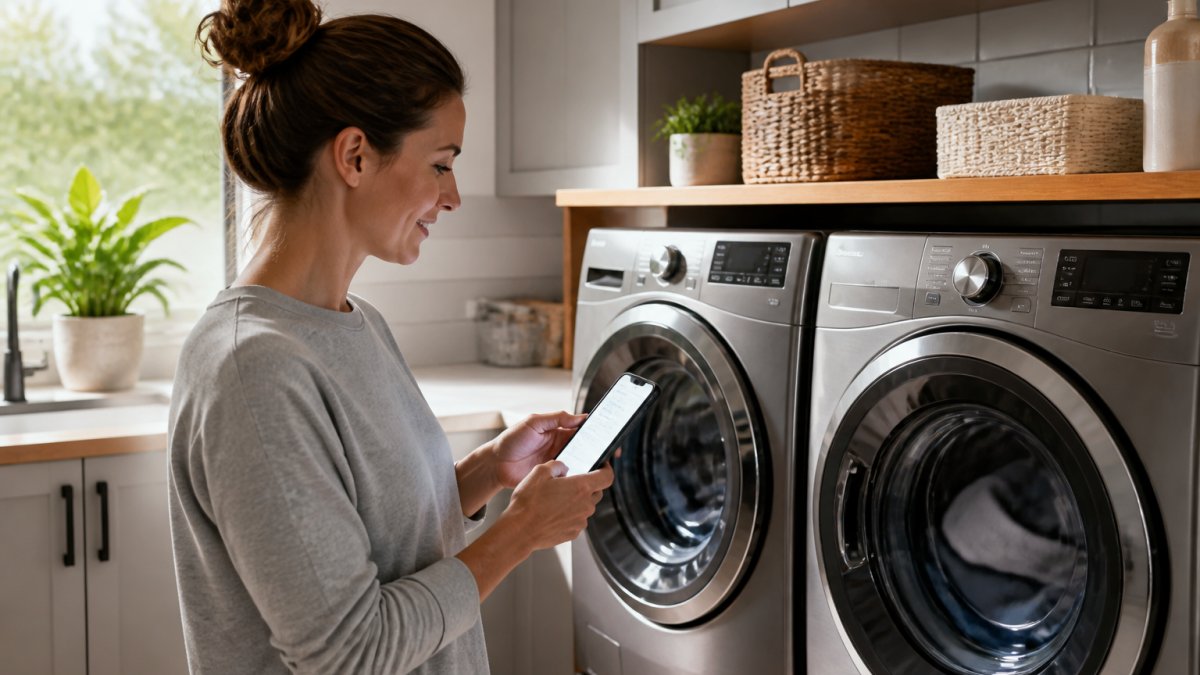 A homeowner in a bright modern laundry room checking a smartphone app while a front-load washer and dryer run side by side
