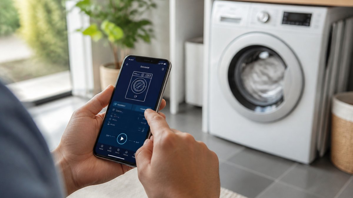 Hands holding a smartphone displaying a smart washer app interface with Wi-Fi connection screen, washing machine visible in background of modern laundry room with natural light