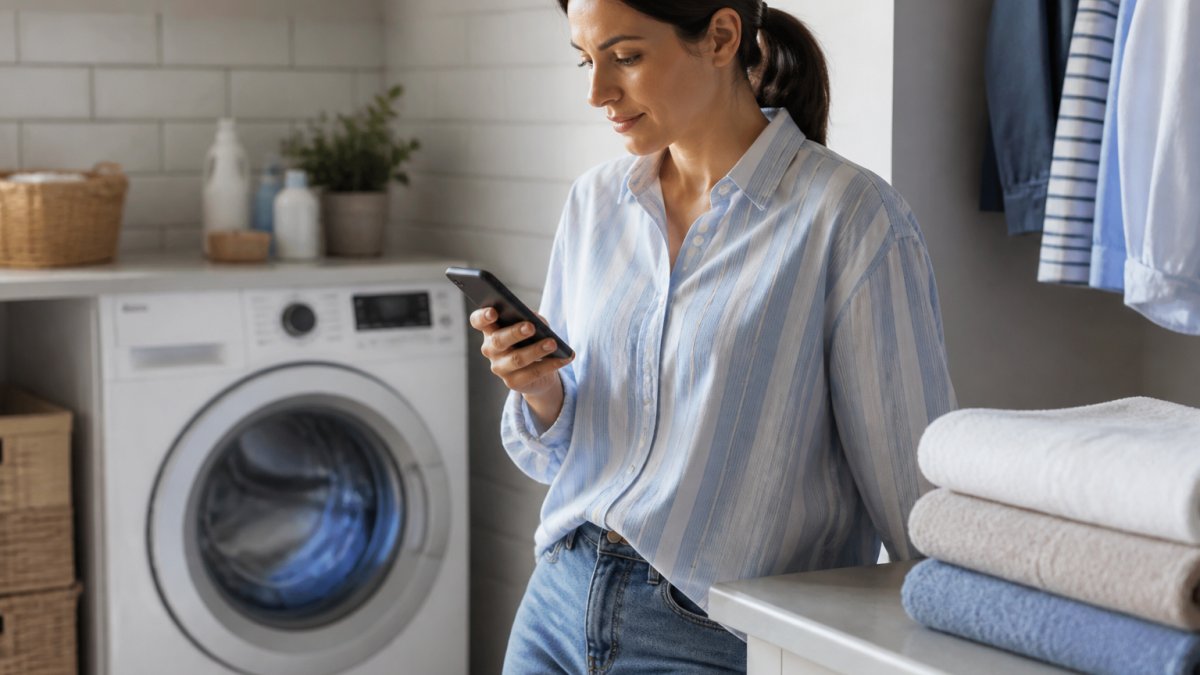 A parent in a bright laundry room checking a smartphone notification while a front-loading washer runs in the background, folded towels stacked on a counter nearby