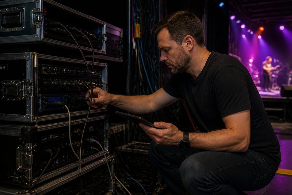 Lighting technician checking DMX controllers and smart light reliability before a show starts