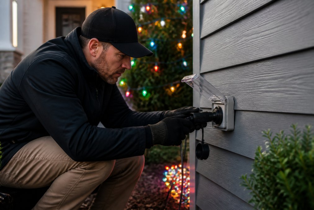Professional hands installing a weather-resistant outdoor smart plug into a waterproof outlet mounted on the exterior wall of a house, with colorful holiday light strings visible in the background ready to be connected