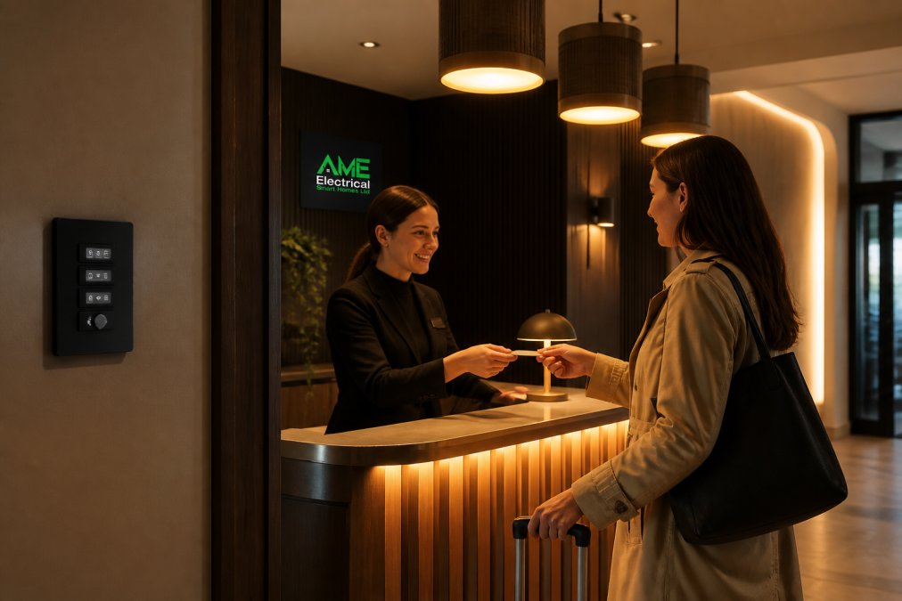 A boutique hotel reception area with warm, dimmable lighting controlled by a wall-mounted touch panel, showing a receptionist assisting a guest at the desk