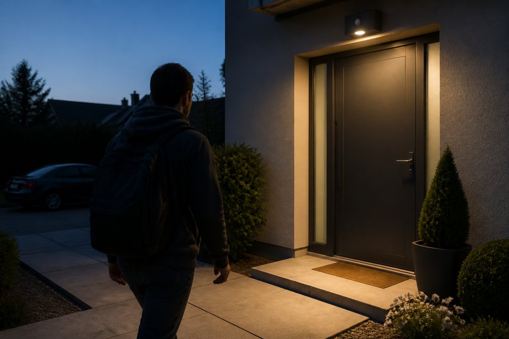 A residential entryway at dusk with a motion-sensor smart light fixture mounted on the wall above the door, illuminating the pathway as a person approaches from the driveway