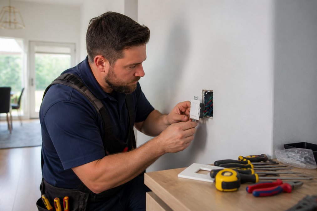 Professional electrician installing smart lighting for homes by wiring a wall switch with precision tools
