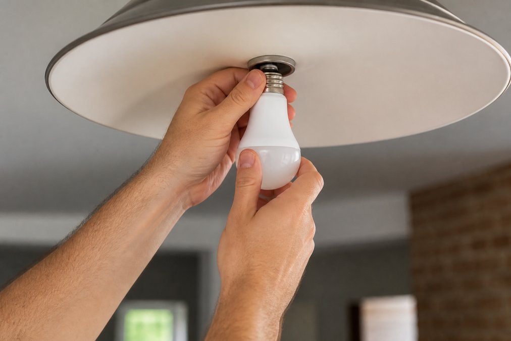 Close-up of hands carefully screwing a smart bulb into a ceiling light fixture, showing proper grip and installation technique with warm indoor lighting