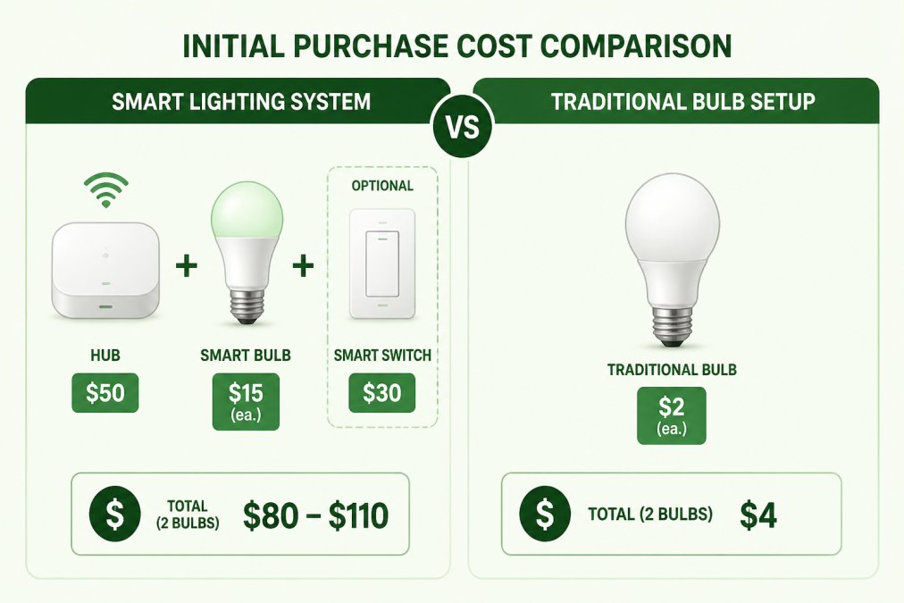 Diagram showing infrastructure components for smart lighting system (hub, bulbs, optional smart switch) vs. traditional bulb setup