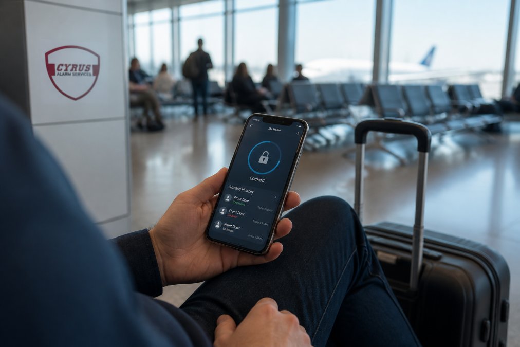Person checking smartphone to remotely unlock their front door while sitting in an airport terminal, mobile app interface visible on screen showing lock status and access history