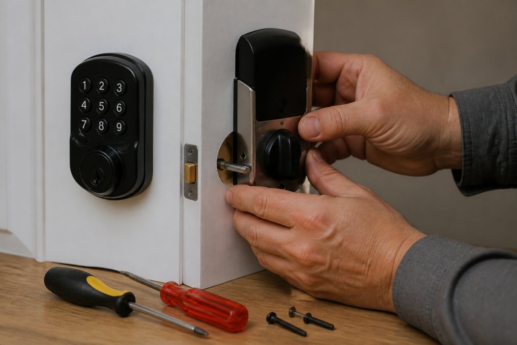 Homeowner aligning the interior assembly during smart lock installation with the exterior keypad visible