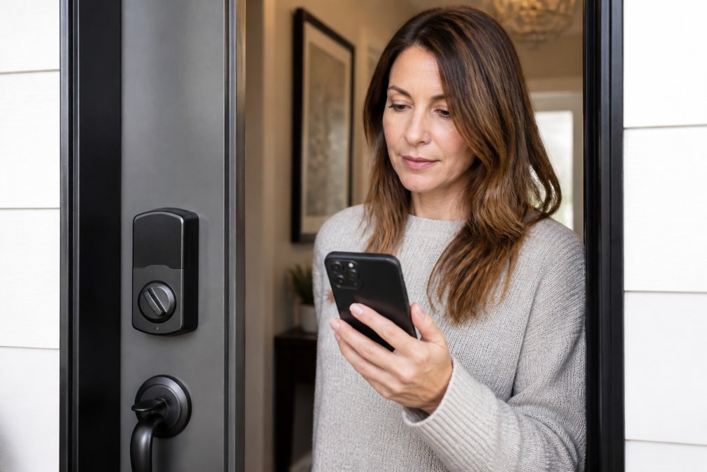 Homeowner checking a smart lock privacy entry log on a smartphone app while standing in a residential doorway