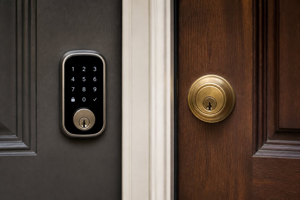 Close-up of a modern smart lock with illuminated touchpad and keypad mounted next to a traditional brass deadbolt on adjacent residential doors, showing the physical and design contrast between the two lock types