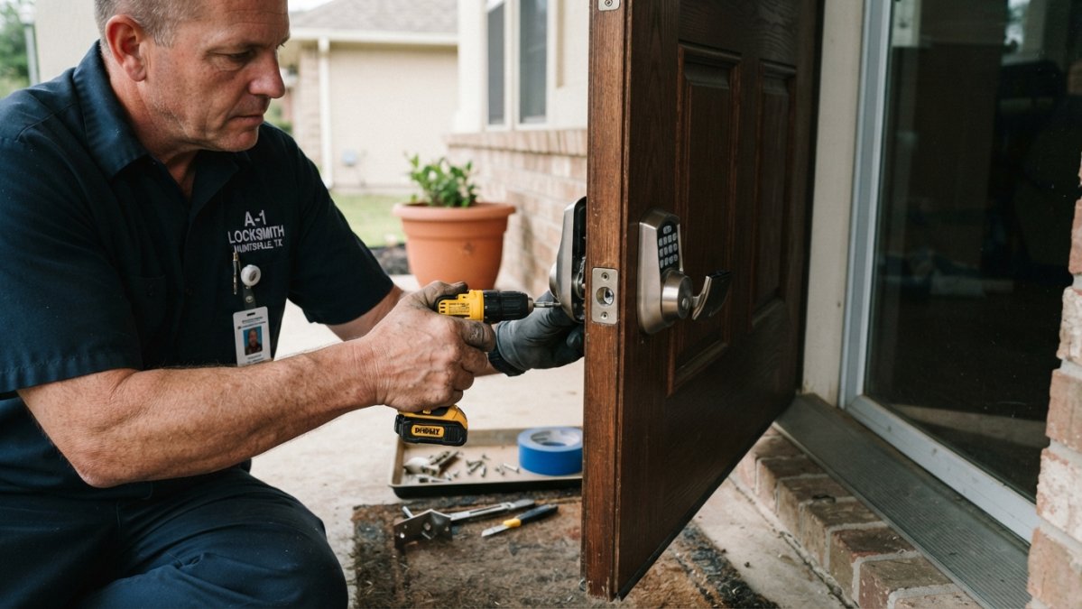 Licensed locksmith installing a smart deadbolt on a residential front door, technician's hands working with installation tools and the smart lock hardware visible in the door frame
