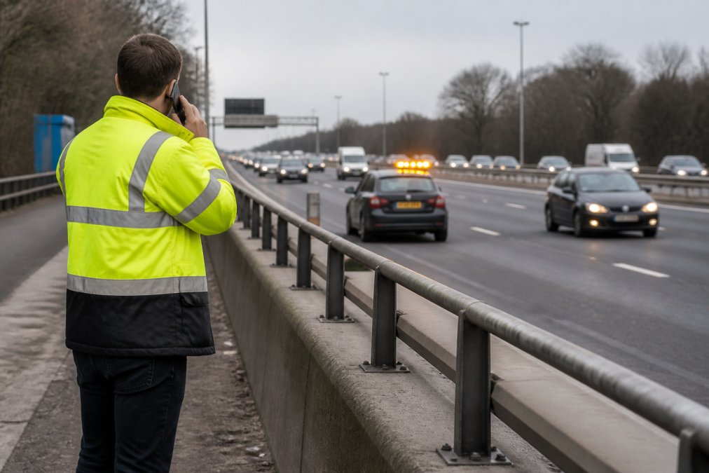 Smart Motorway vs Traditional Motorway Safety Driver standing behind a safety barrier calling for help after a breakdown to ensure motorway safety.