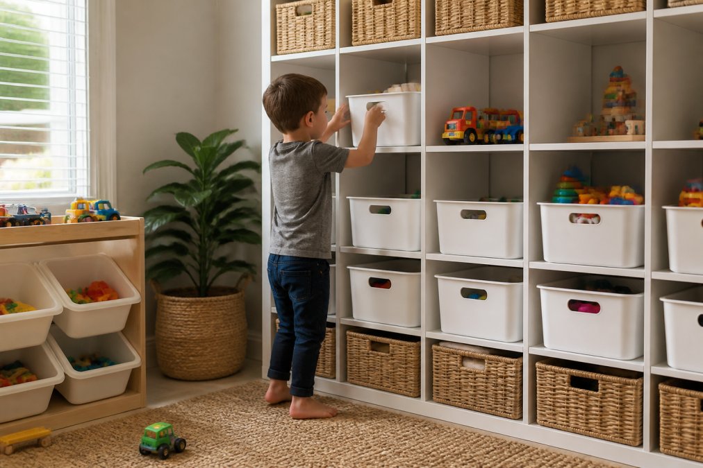 A well-organized family playroom with labeled storage bins, colorful toys neatly arranged on shelves, a child reaching for a labeled plastic container, natural light from windows, and a clutter-free floor