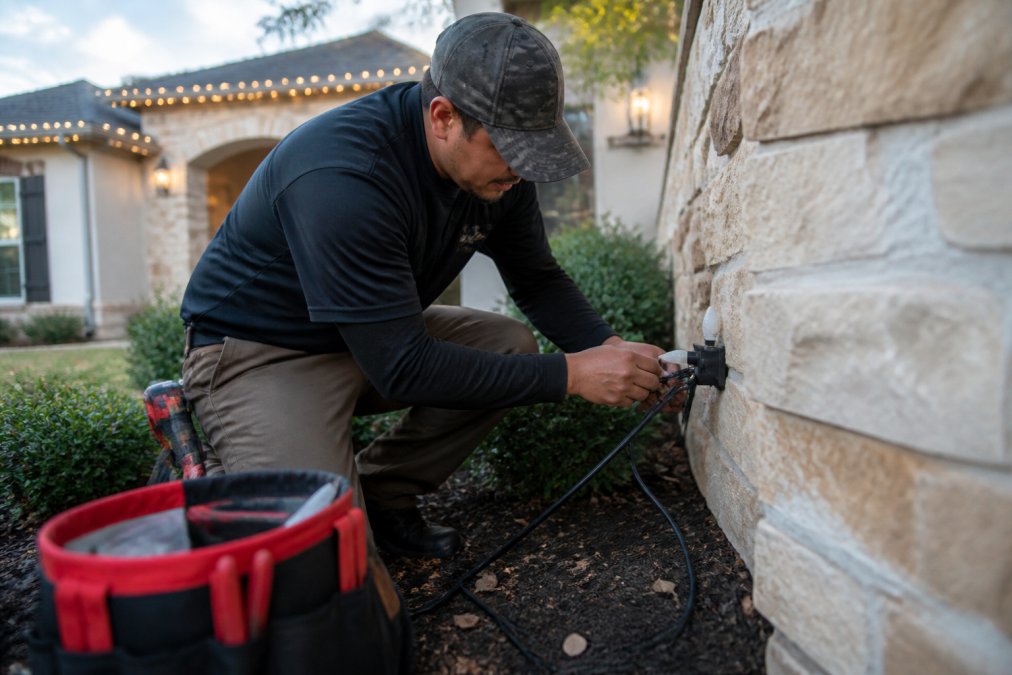 Professional installer connecting smart outdoor lighting components and low-voltage wiring during holiday light installation on residential home exterior, with tools and connection hardware visible
