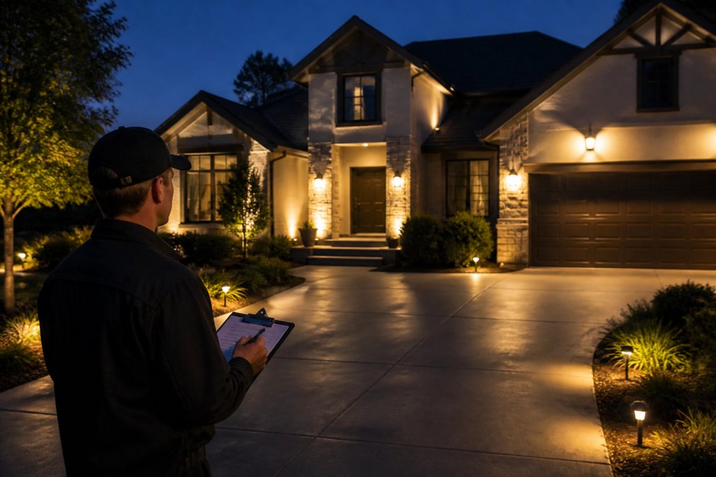 Residential home exterior at dusk with motion-activated lights illuminating the front entry door, driveway, and perimeter pathways, casting clear visibility across landscaping and eliminating dark shadows around the property