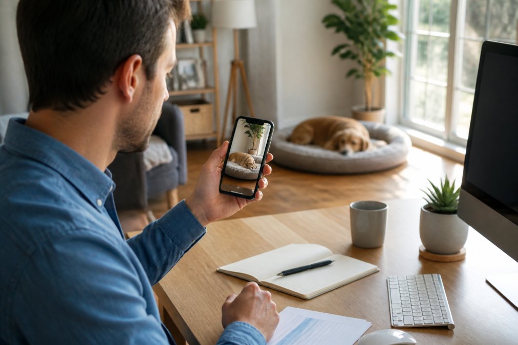 Dog owner viewing live pet camera feed on smartphone while at work, showing dog resting peacefully on a pet bed in a sunlit living room