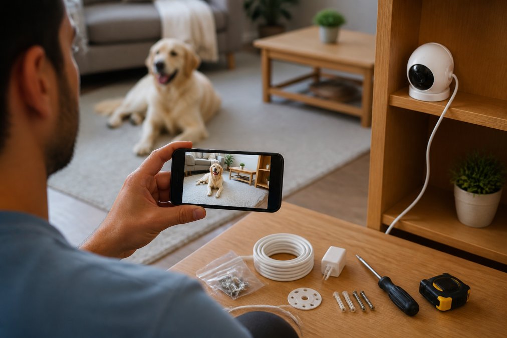 Person holding a smartphone showing a live video feed of a dog while a pet camera sits on a wooden shelf nearby.
