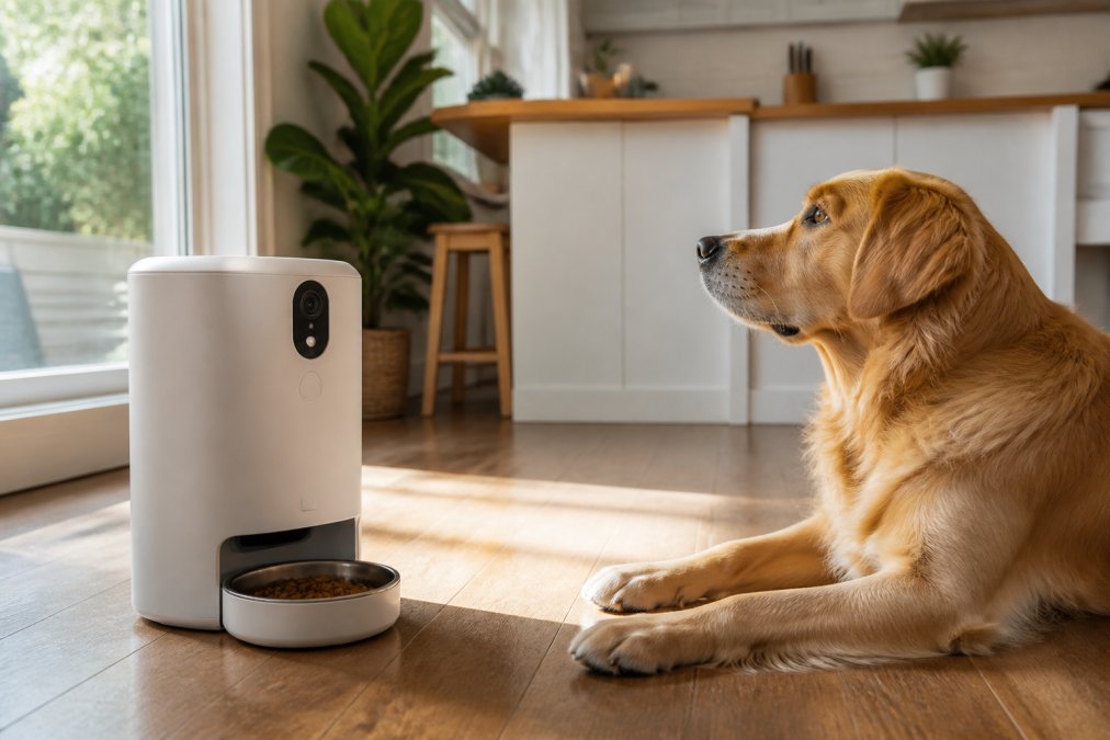 A modern white smart pet feeder with a built-in camera lens sitting on a bright kitchen floor, a curious golden retriever looking up at it expectantly, natural morning light streaming through a nearby window
