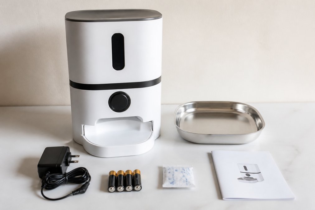 Close-up of smart pet feeder components neatly arranged on a white surface including the main hopper unit, removable stainless steel food tray, AC power adapter with cord, four AA batteries, desiccant packet, and instruction manual with QR code